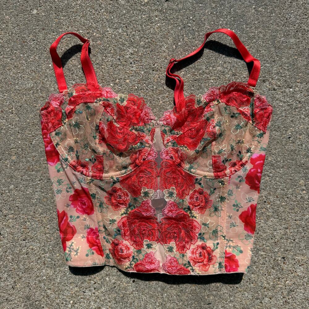 Victoria's Secret 32DD Dream Angels Roses Poppy Corset Bandeau Bra Tan Red Pink
